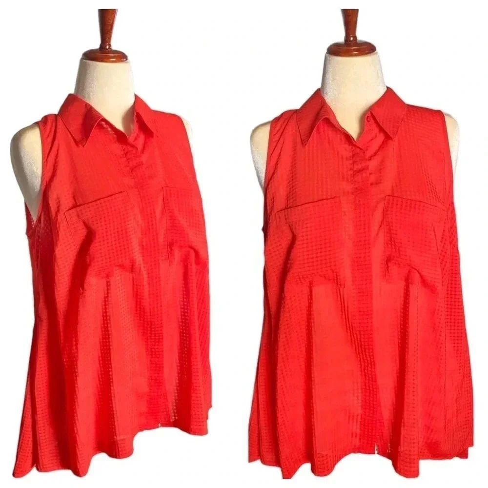 NY COLLECTIONS | Women’s Orange Sleeveless Button Down Sheer Blouse Size 1X - Picture 2 of 11